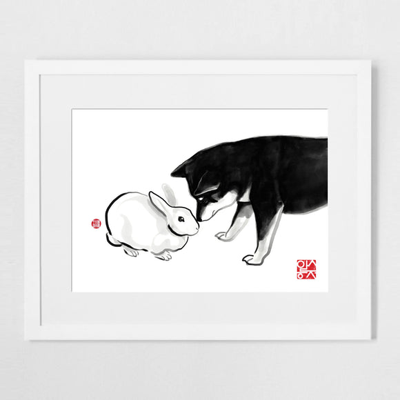 White Rabbit and Shiba Inu Friend Art Print Poster