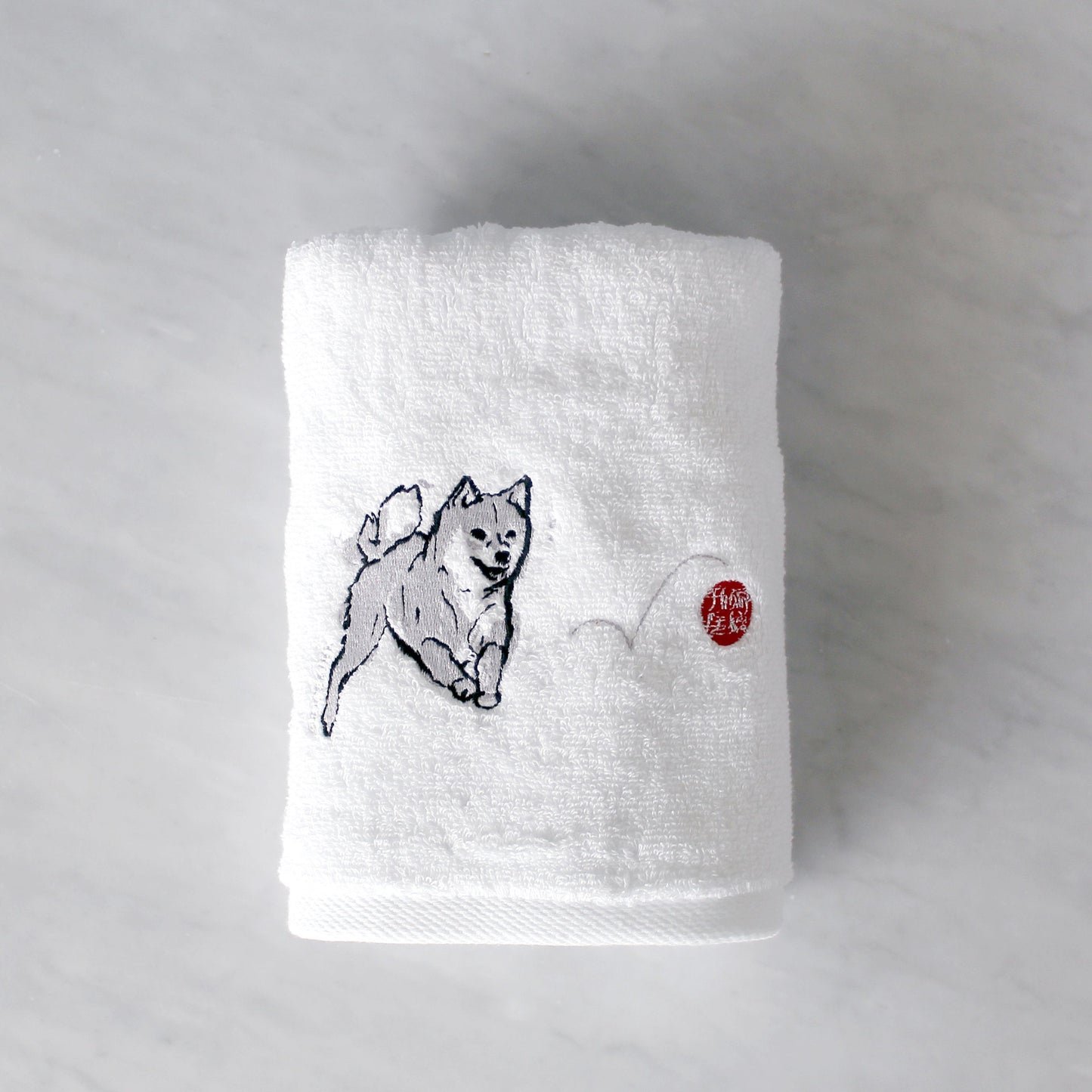 Shiba Inu with Red Ball Embroidered Hand Towel