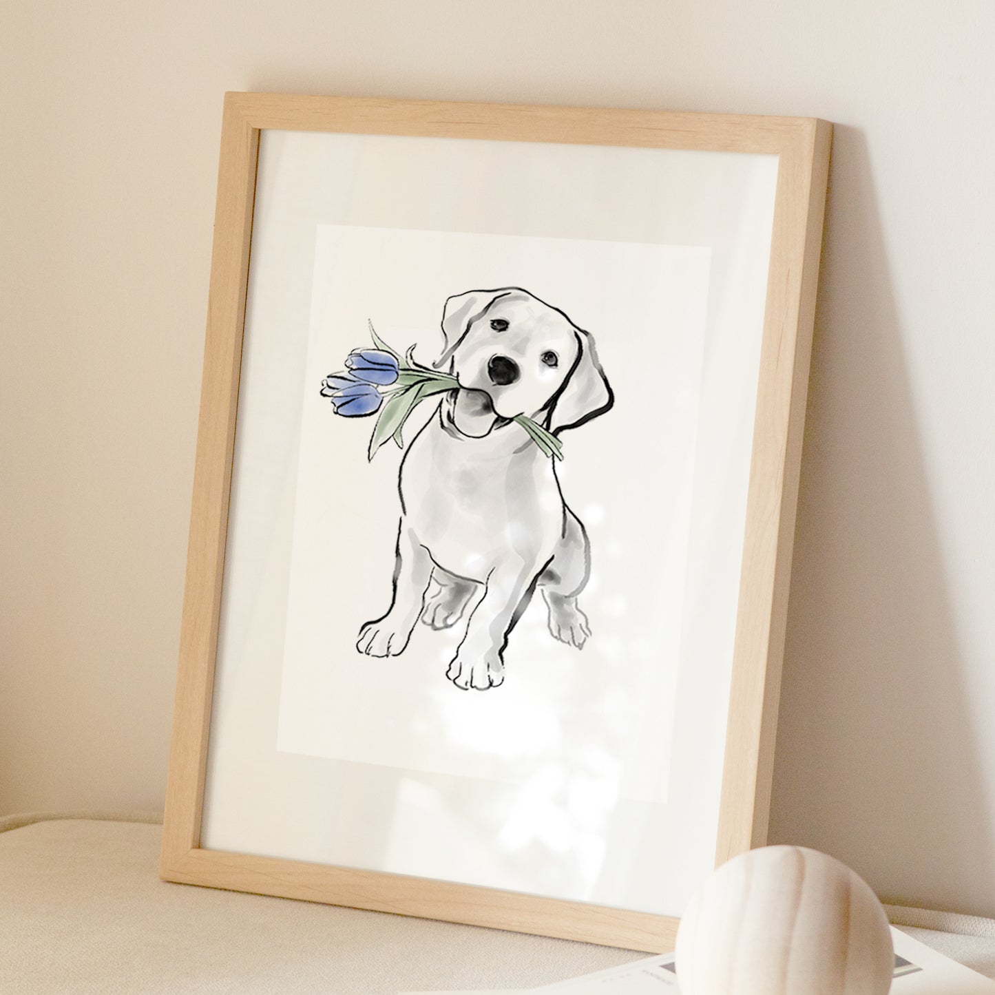 Labrador Retriever Puppy holding Blue Tulips Art Print Poster | Unique Sumi-e Painting Japanese dog Ukiyo-e Ink Animal Illustration Asia Zen