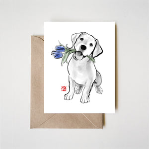Labrador Retriever with Blue Tulips Greeting Card | Dog Sumi-e Painting Illustration Asia Canada Pet Zen Art Cute Ink Drawing Puppy Lover