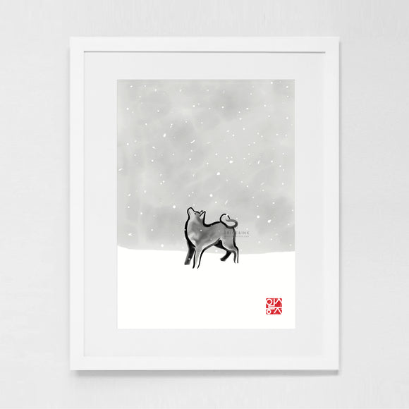 Snowy Sky Akita Art Print Poster | Sumi Ink