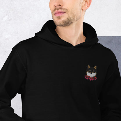 Embroidered Black and Tan Shiba Inu Unisex Hoodie | Red Hearts Love Valentine's Day Gift Dog